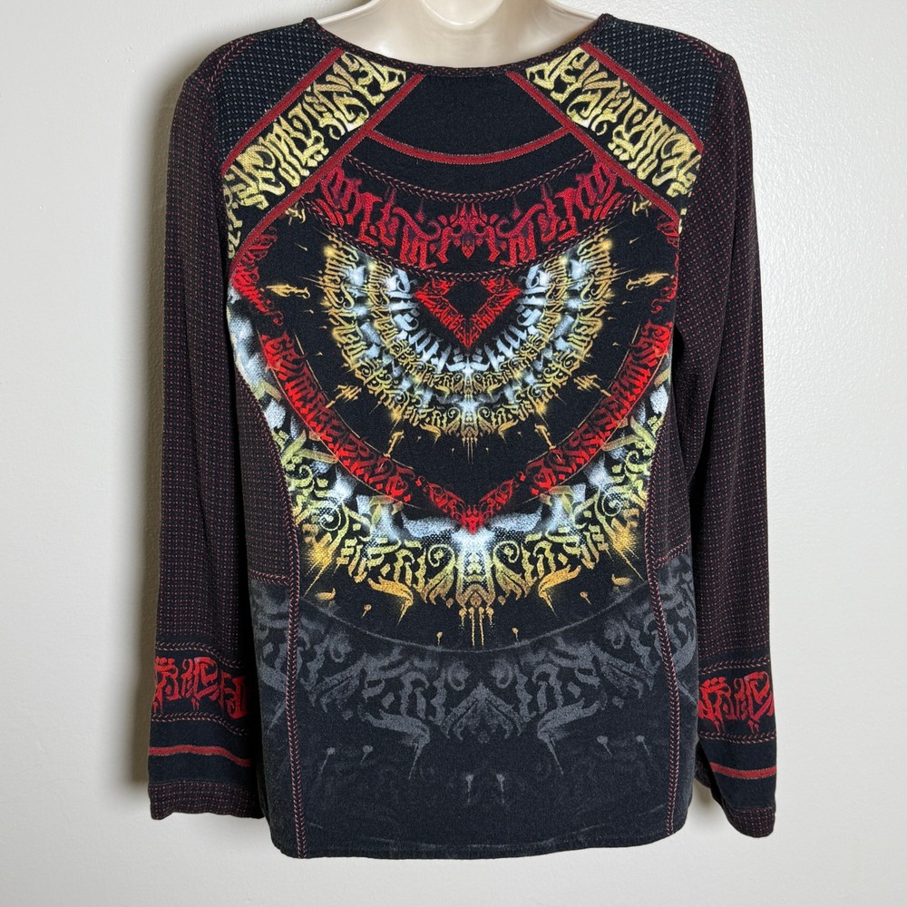 Aventures des Toiles Graphic Print Long Sleeve Top Black Red Gothic Tribal Sz 36 - Picture 2 of 10